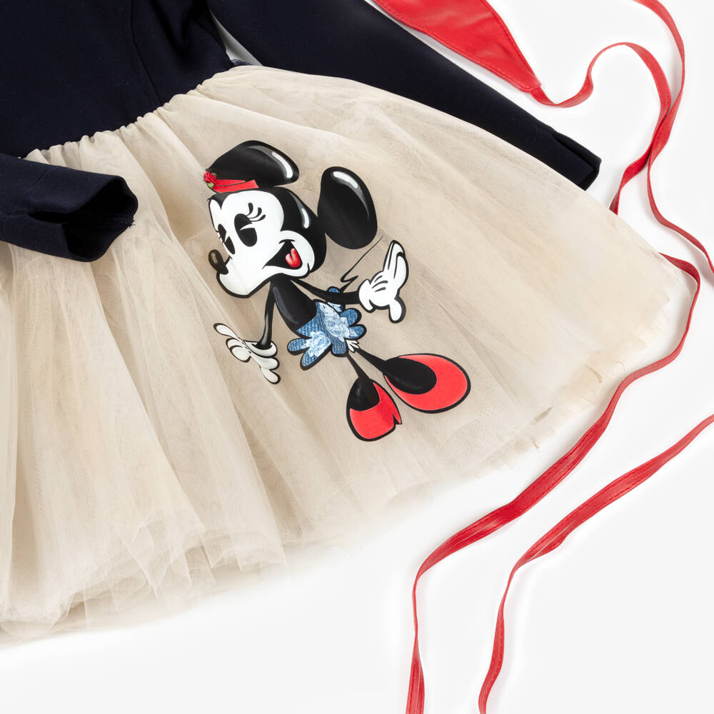 Monnalisa-Girls Navy Blue Jersey & Beige Tulle Disney Dress | Childrensalon Outlet