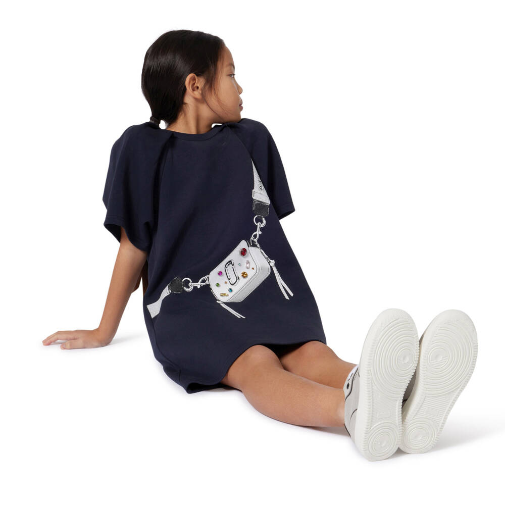 MARC JACOBS-Girls Navy Blue Jersey Dress with Snapshot Bag Print | Childrensalon Outlet