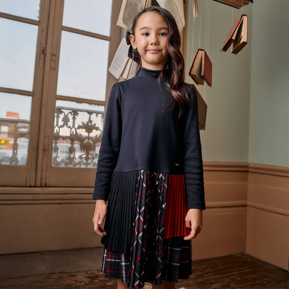 Patachou-Girls Navy Blue Jersey & Tartan Dress | Childrensalon Outlet