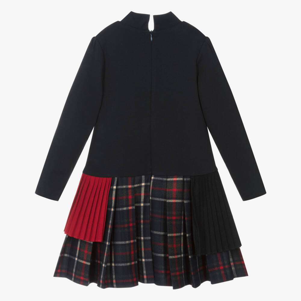 Patachou-Girls Navy Blue Jersey & Tartan Dress | Childrensalon Outlet