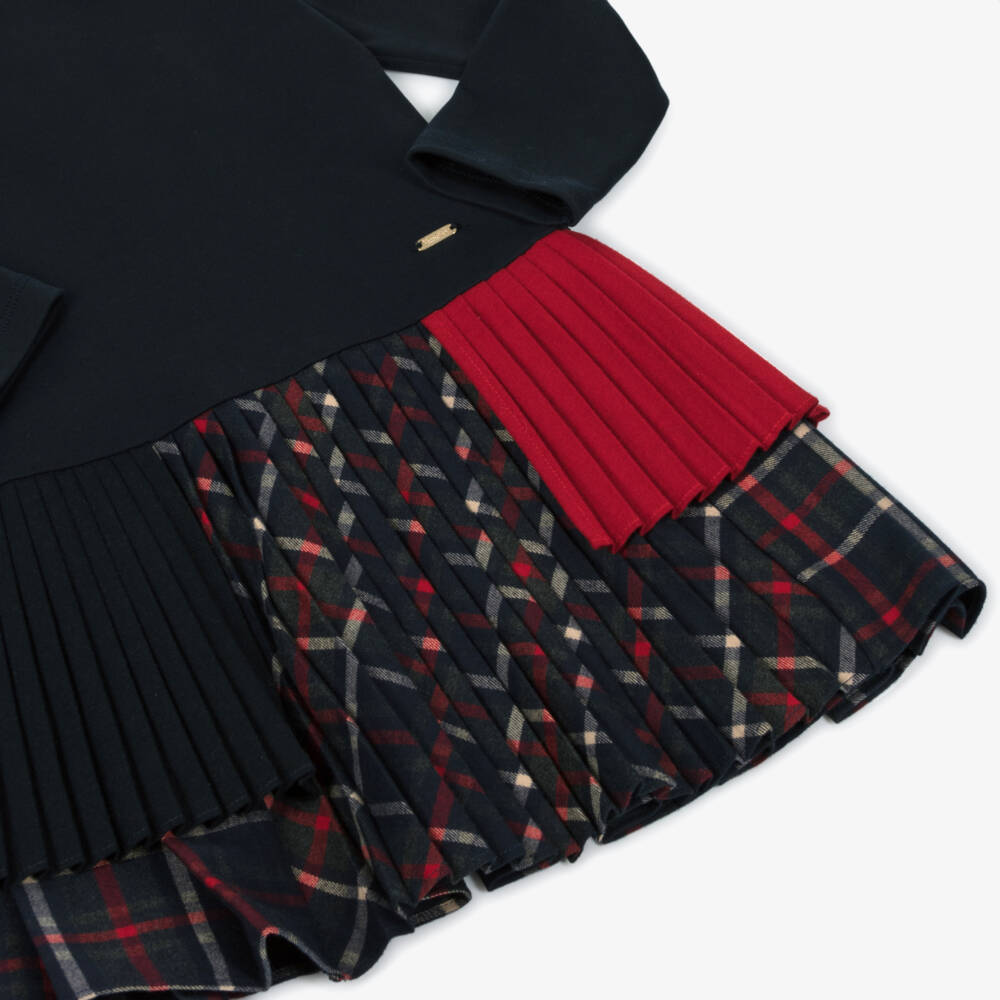 Patachou-Girls Navy Blue Jersey & Tartan Dress | Childrensalon Outlet
