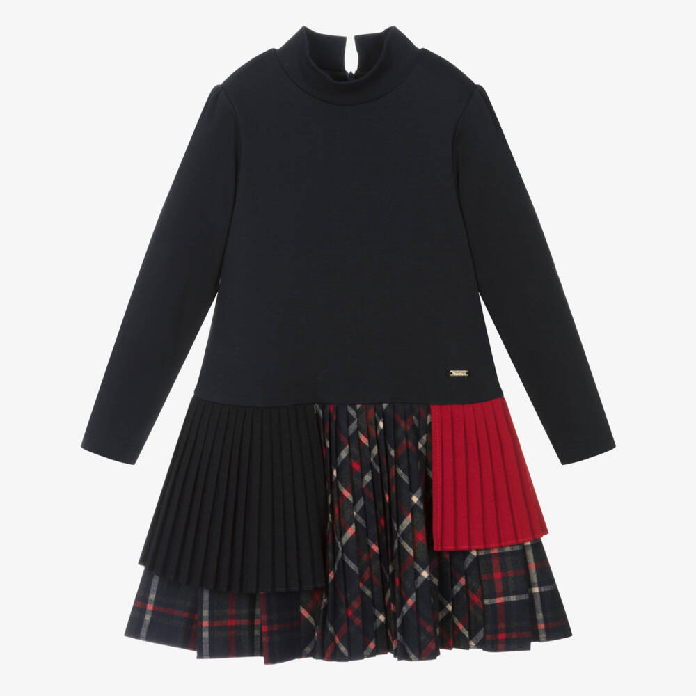 Patachou-Girls Navy Blue Jersey & Tartan Dress | Childrensalon Outlet