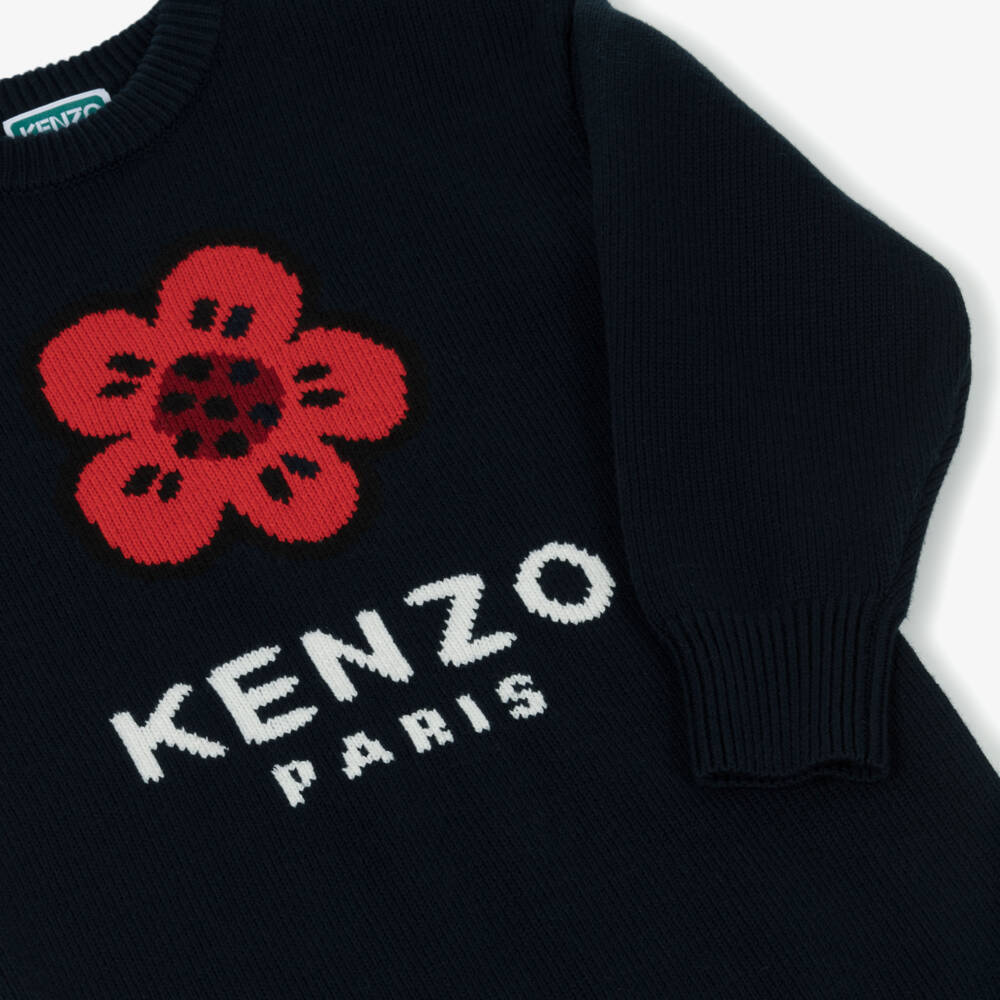 KENZO KIDS-Girls Navy Blue Knitted Boke Flower Dress | Childrensalon Outlet