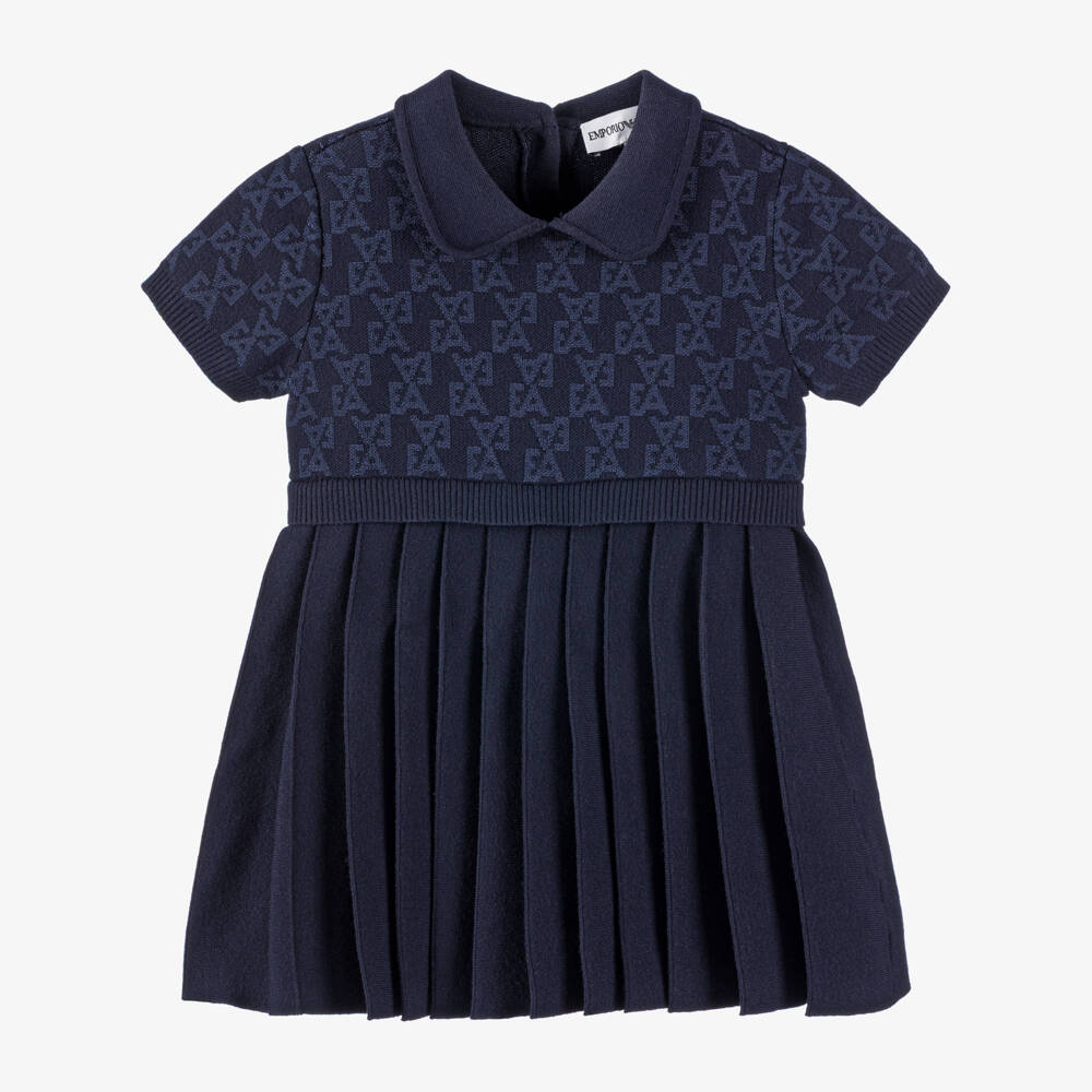 Emporio Armani-Girls Navy Blue Knitted Dress with EA Jacquard Logos | Childrensalon Outlet