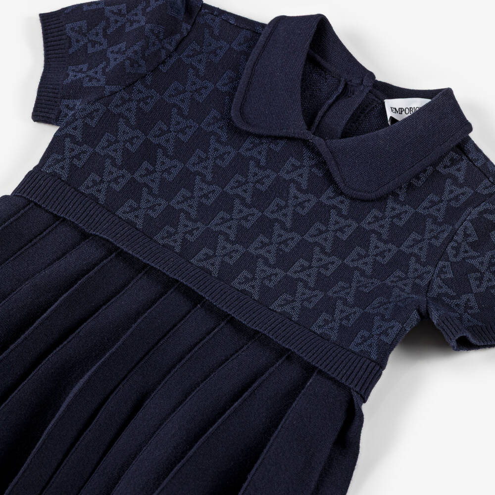Emporio Armani-Girls Navy Blue Knitted Dress with EA Jacquard Logos | Childrensalon Outlet