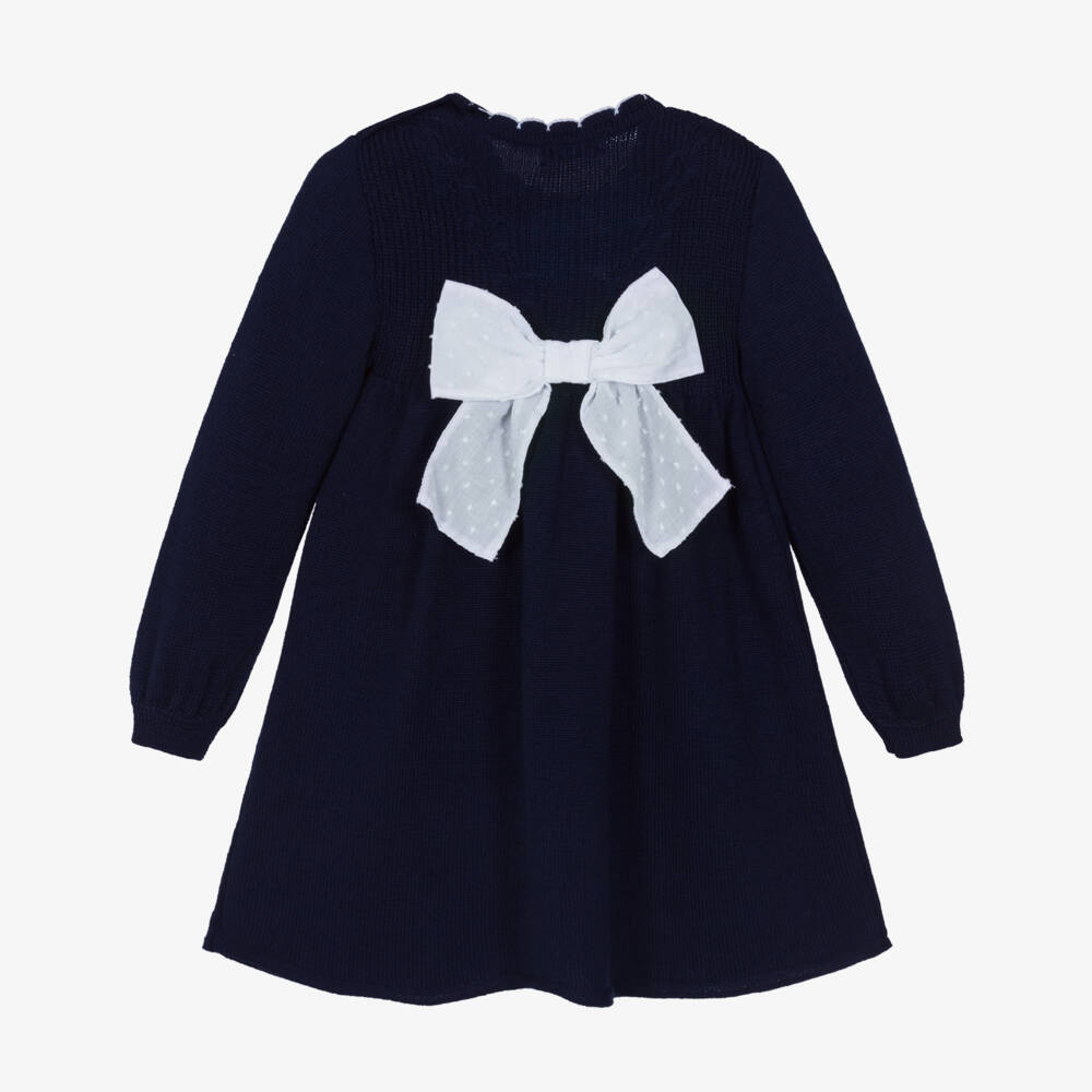 Foque-Girls Navy Blue Knitted Dress with White Plumetis Bow | Childrensalon Outlet