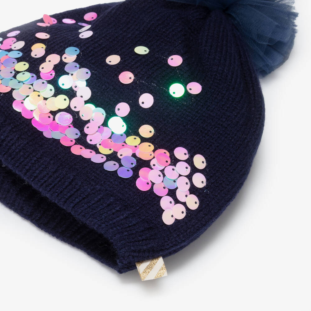 Billieblush-Girls Navy Blue Knitted Pom-Pom Hat | Childrensalon Outlet