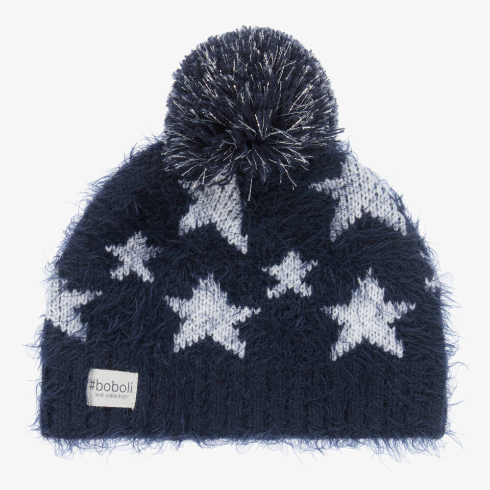 Boboli-Girls Navy Blue Knitted Star Bobble Hat | Childrensalon Outlet