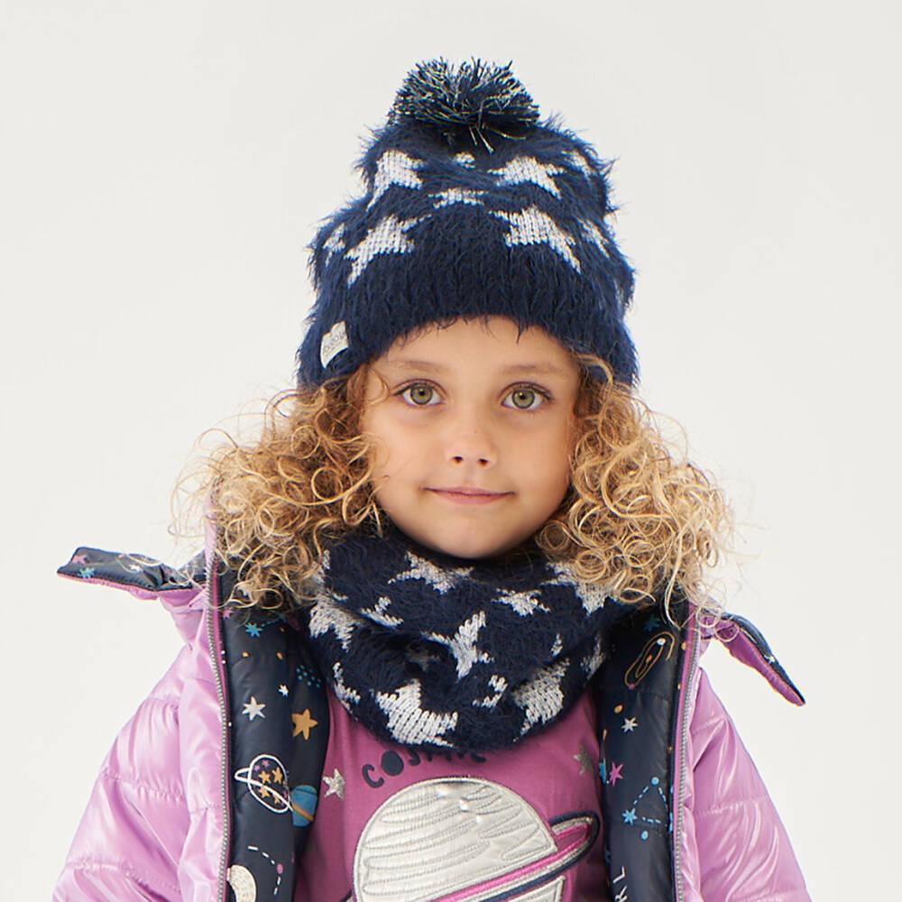 Boboli-Girls Navy Blue Knitted Star Bobble Hat | Childrensalon Outlet