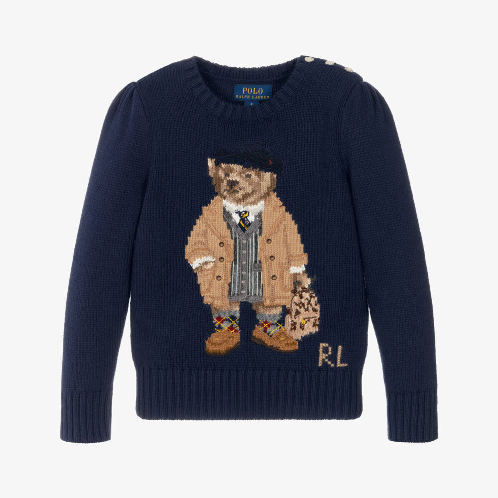 Ralph Lauren-Girls Navy Blue Knitted Sweater with Polo Bear Motif | Childrensalon Outlet