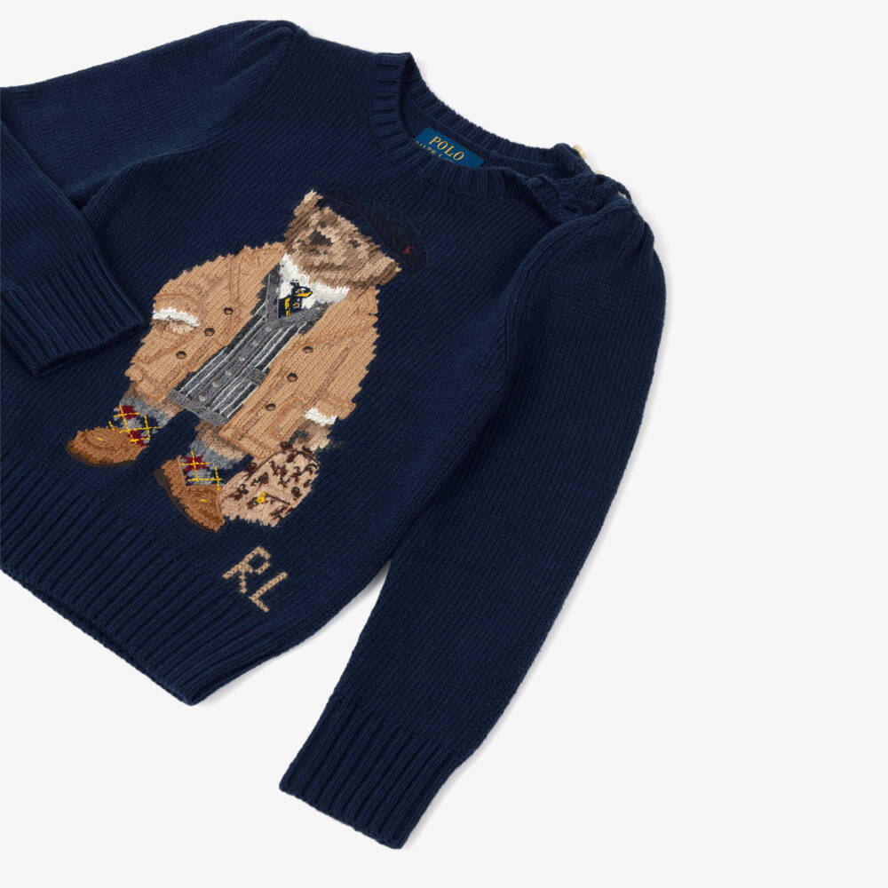 Ralph Lauren-Girls Navy Blue Knitted Sweater with Polo Bear Motif | Childrensalon Outlet