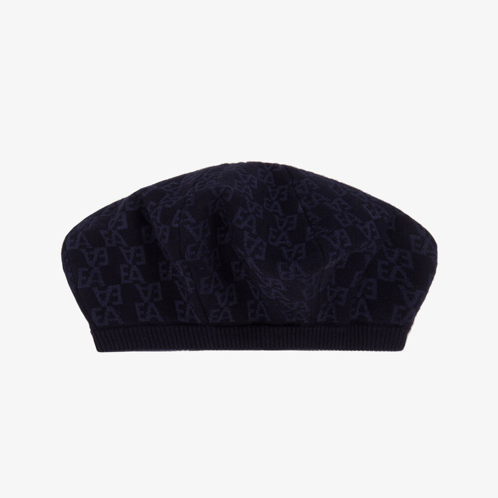 Emporio Armani-Girls Navy Blue Monogram Logo Beret | Childrensalon Outlet