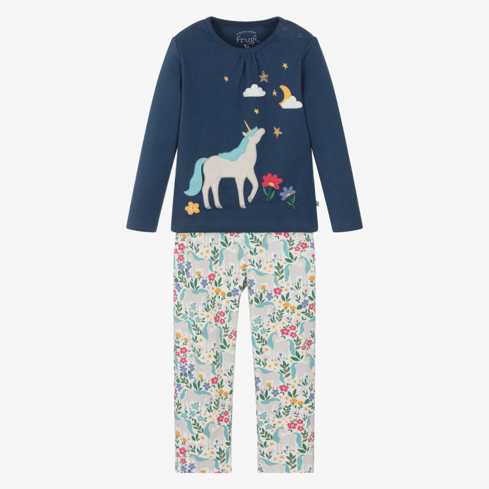 Frugi-Girls Navy Blue Organic Cotton Unicorn & Flowers Pyjamas | Childrensalon Outlet