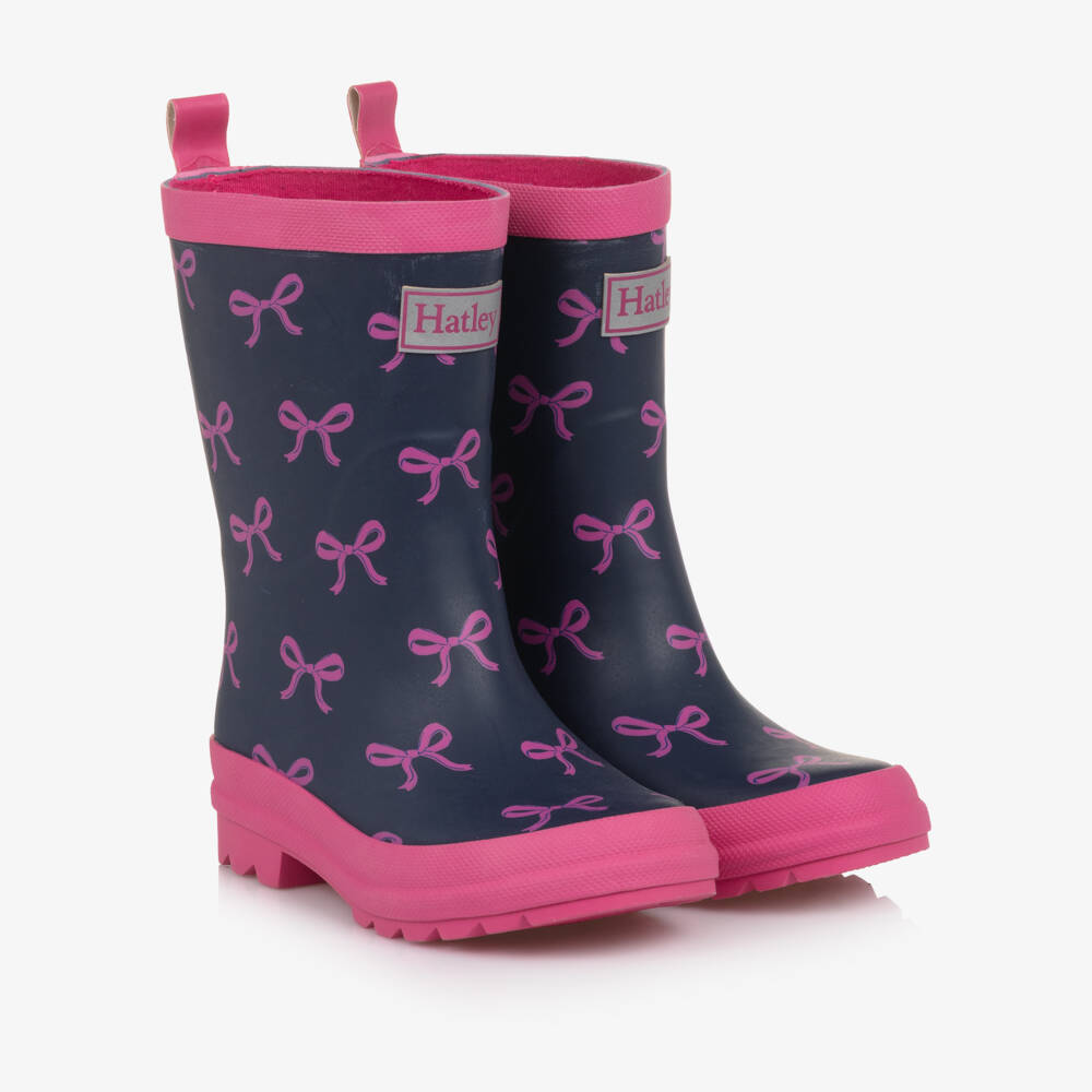 Hatley-Girls Navy Blue & Pink Bow Rain Boots | Childrensalon Outlet