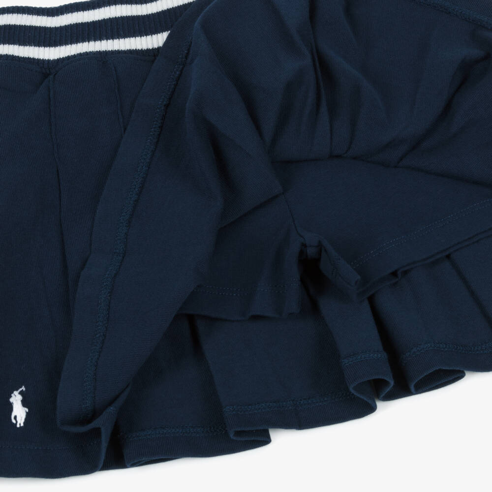 Ralph Lauren-Girls Navy Blue Pleated Cotton Skort with Pony Logo | Childrensalon Outlet
