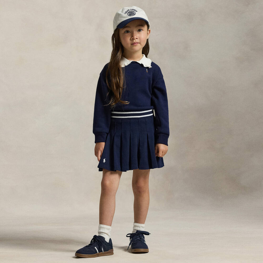 Ralph Lauren-Girls Navy Blue Pleated Cotton Skort with Pony Logo | Childrensalon Outlet