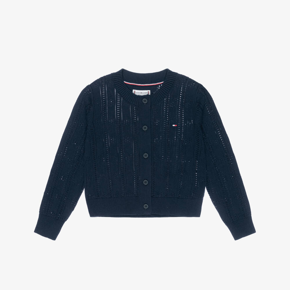 Tommy Hilfiger-Girls Navy Blue Pointelle Knit Cotton Cardigan | Childrensalon Outlet