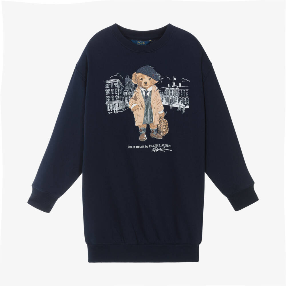 Ralph Lauren-Girls Navy Blue Polo Bear Sweatshirt Dress | Childrensalon Outlet
