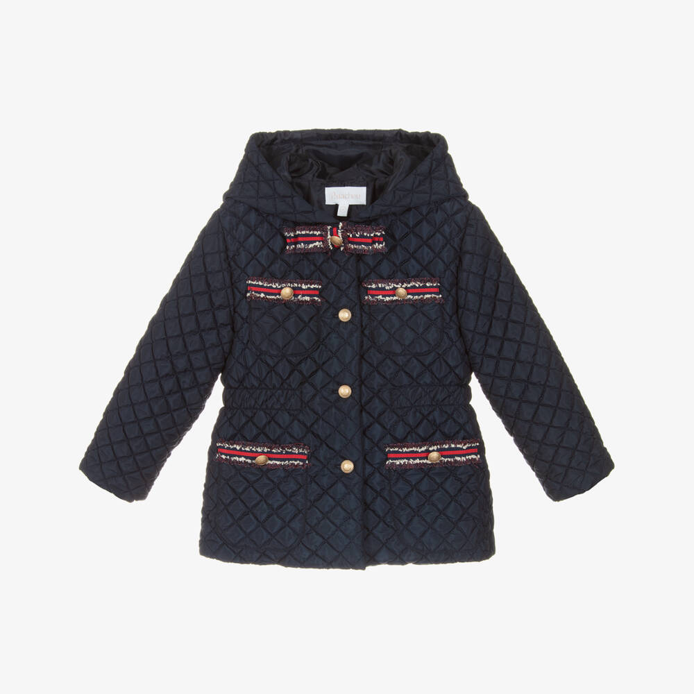 Patachou-Girls Navy Blue Quilted Jacket with Grosgrain Trims | Childrensalon Outlet
