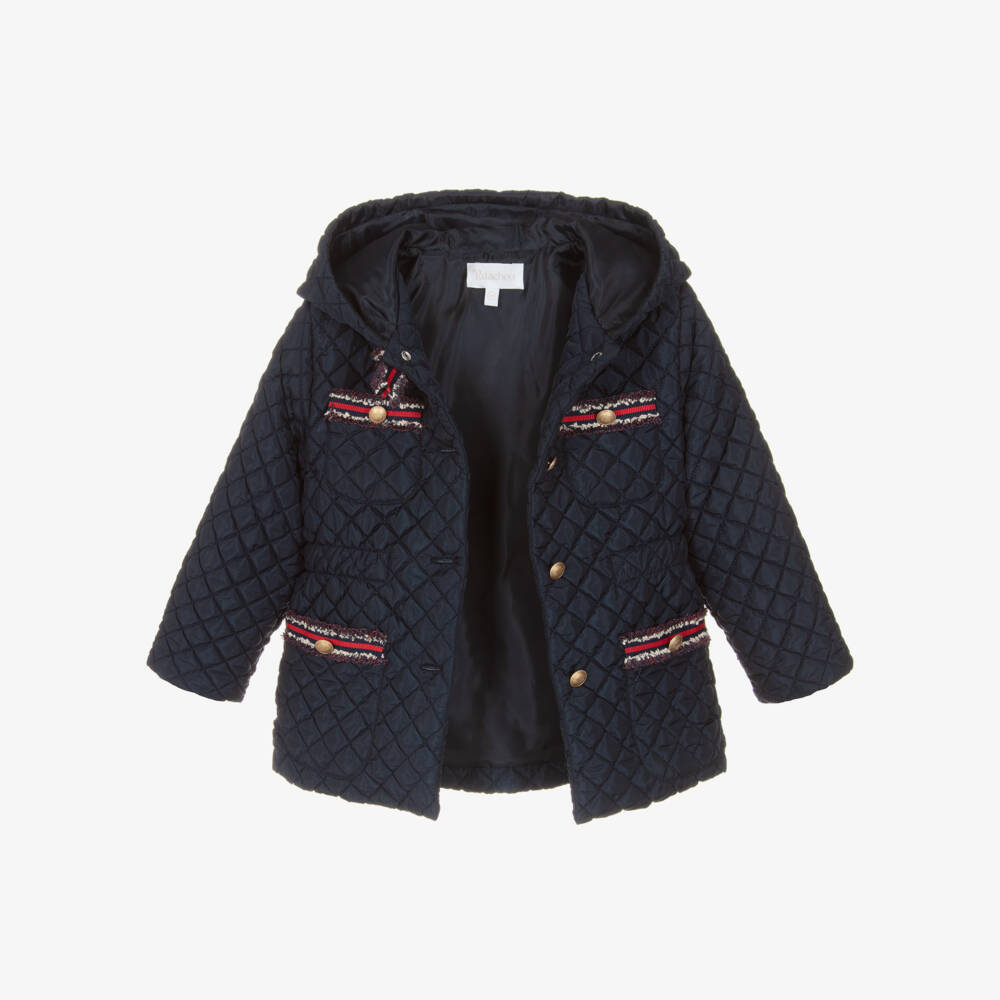 Patachou-Girls Navy Blue Quilted Jacket with Grosgrain Trims | Childrensalon Outlet