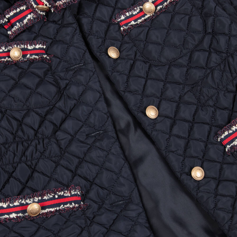 Patachou-Girls Navy Blue Quilted Jacket with Grosgrain Trims | Childrensalon Outlet