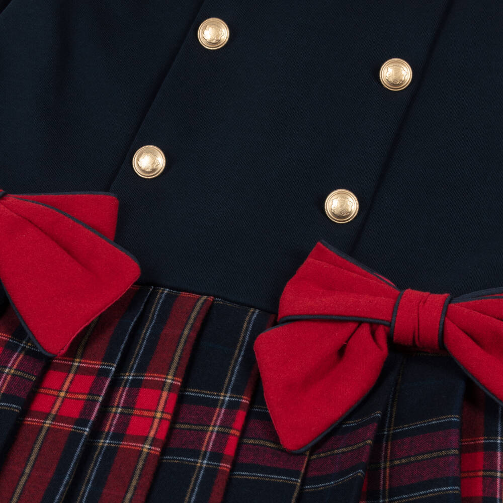 Patachou-Girls Navy Blue & Red Pleated Tartan Cotton Dress with Bows | Childrensalon Outlet