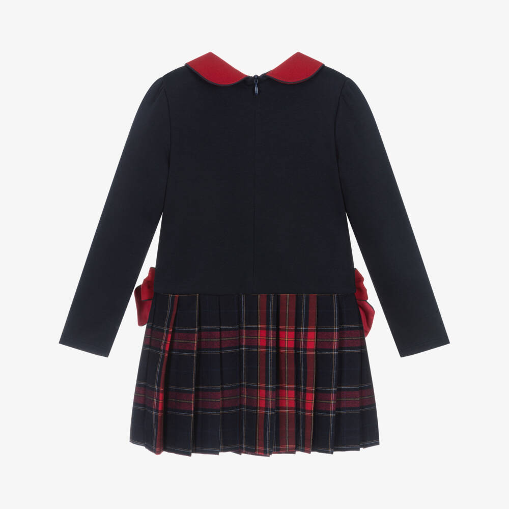 Patachou-Girls Navy Blue & Red Pleated Tartan Cotton Dress with Bows | Childrensalon Outlet