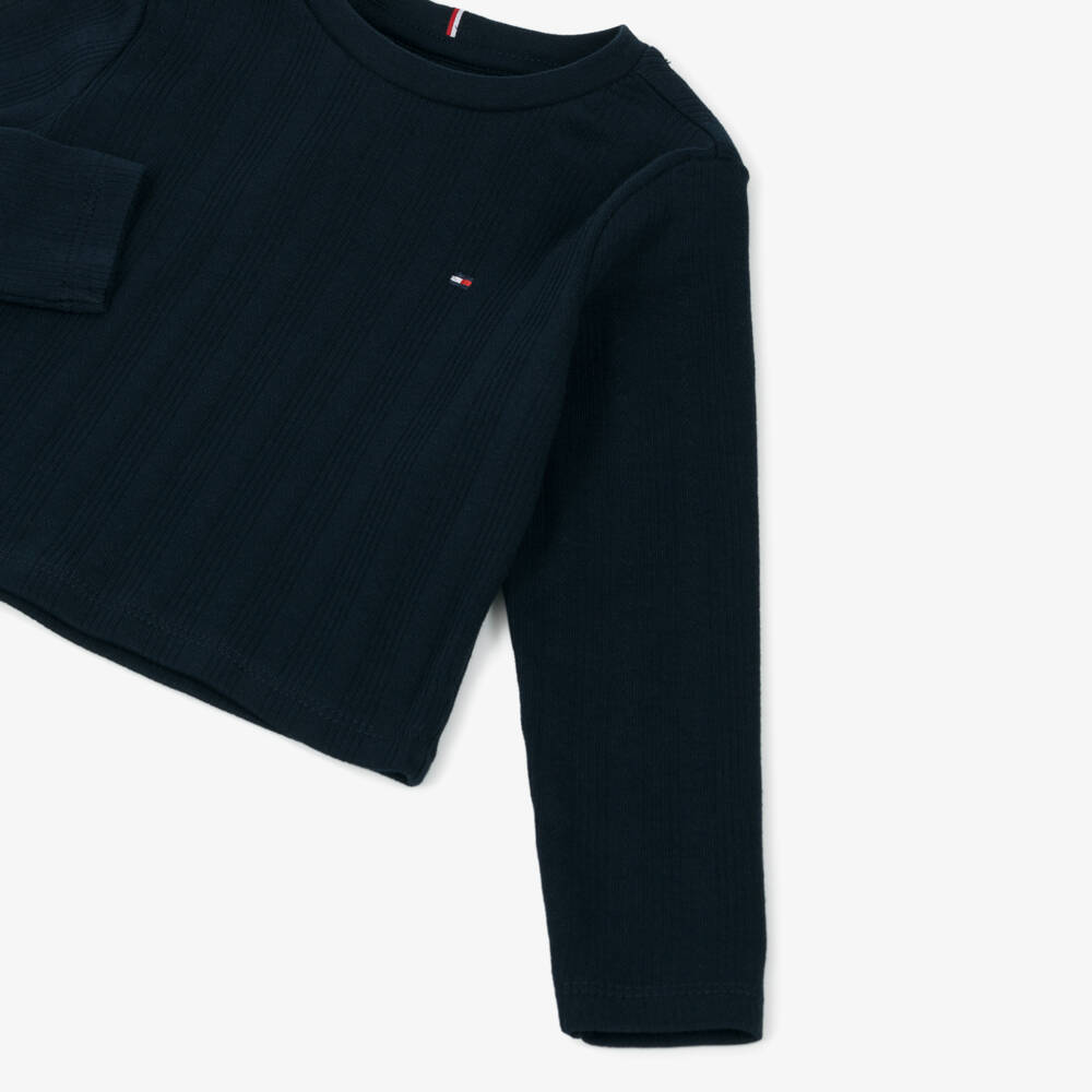 Tommy Hilfiger-Girls Navy Blue Ribbed Jersey Cotton Top | Childrensalon Outlet
