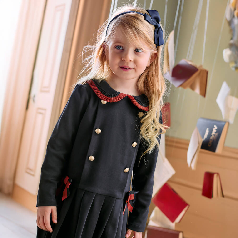Patachou-Girls Navy Blue Ribbon & Button Trim Cotton Jersey Dress | Childrensalon Outlet