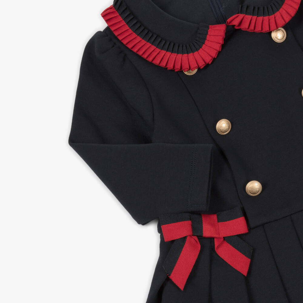 Patachou-Girls Navy Blue Ribbon & Button Trim Cotton Jersey Dress | Childrensalon Outlet