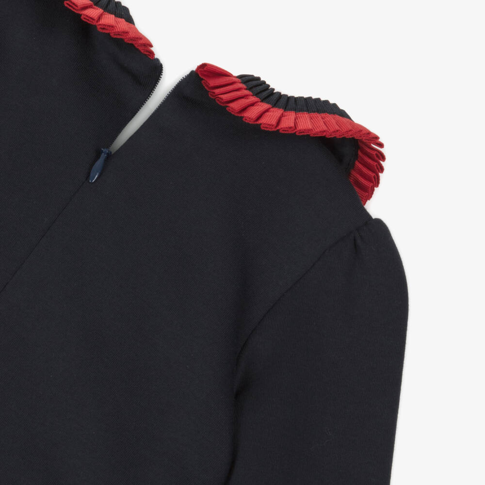 Patachou-Girls Navy Blue Ribbon & Button Trim Cotton Jersey Dress | Childrensalon Outlet