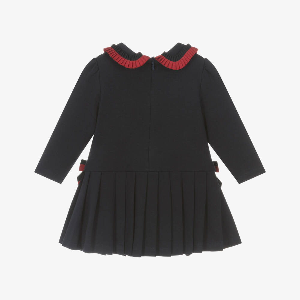 Patachou-Girls Navy Blue Ribbon & Button Trim Cotton Jersey Dress | Childrensalon Outlet