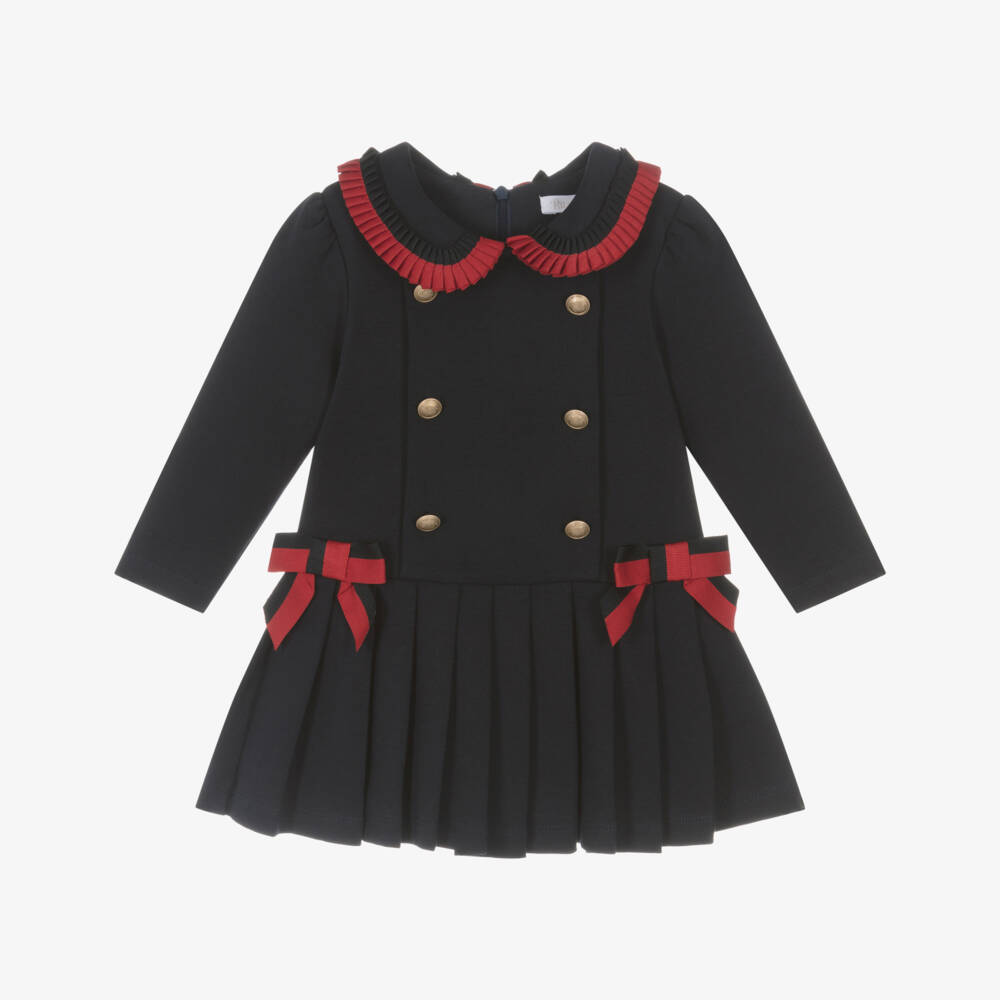Patachou-Girls Navy Blue Ribbon & Button Trim Cotton Jersey Dress | Childrensalon Outlet