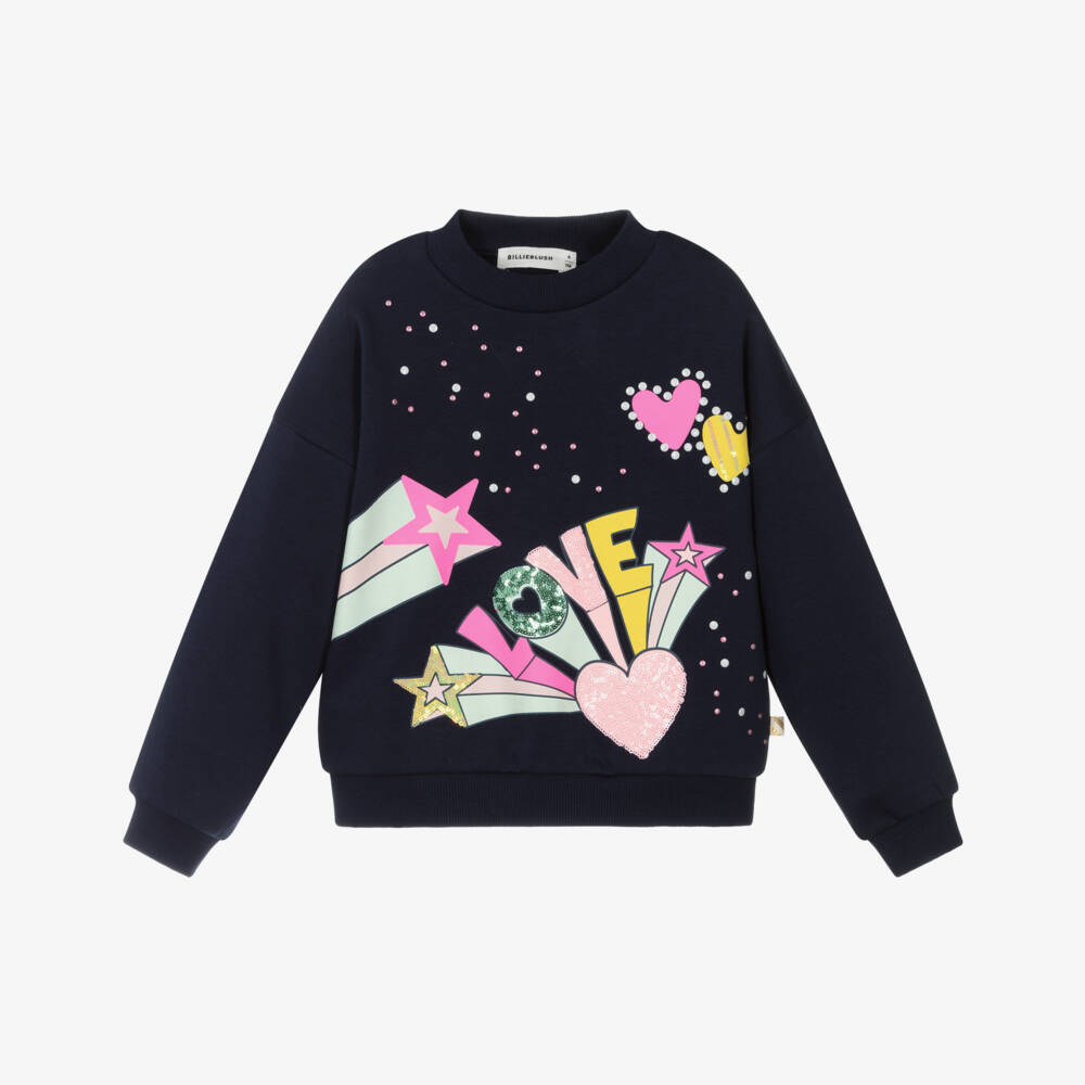 Billieblush-Girls Navy Blue Sequinned Love Cotton Sweatshirt | Childrensalon Outlet
