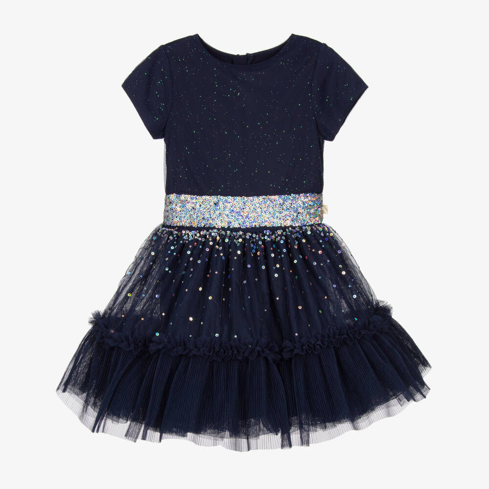Billieblush-Girls Navy Blue Sequinned Tulle Dress | Childrensalon Outlet