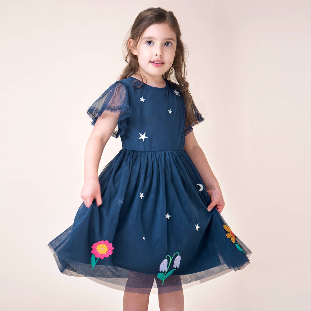 Frugi-Girls Navy Blue Star & Floral Appliqué Tulle Dress | Childrensalon Outlet