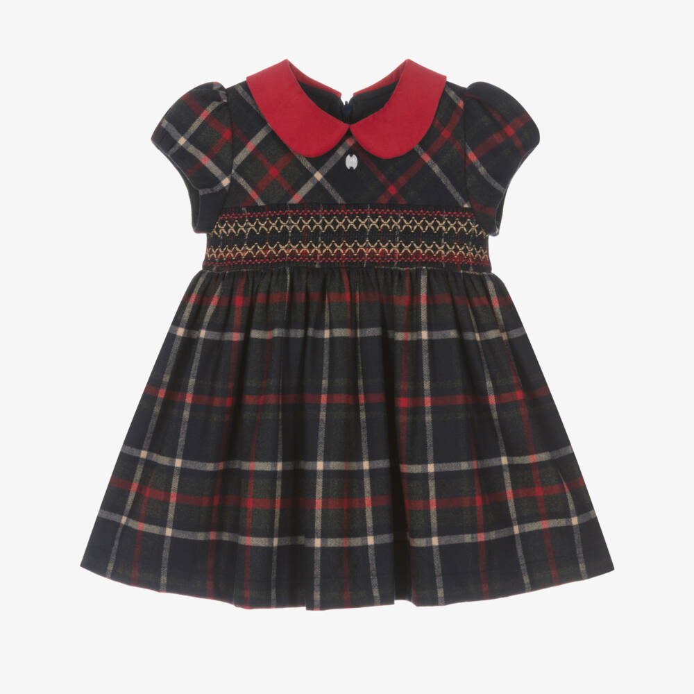Patachou-Girls Navy Blue Tartan Smocked Dress | Childrensalon Outlet