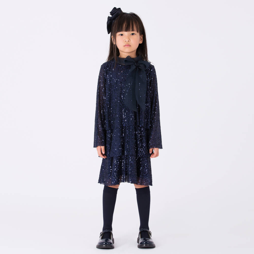 Mama Luma-Girls Navy Blue Tiered Sequin Dress | Childrensalon Outlet