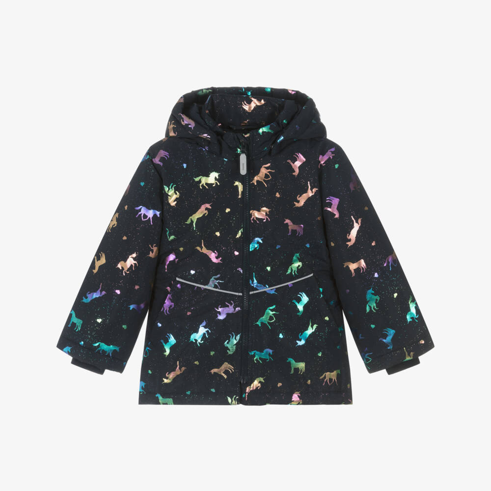 NAME IT-Girls Navy Blue Unicorn Print Padded Jacket | Childrensalon Outlet