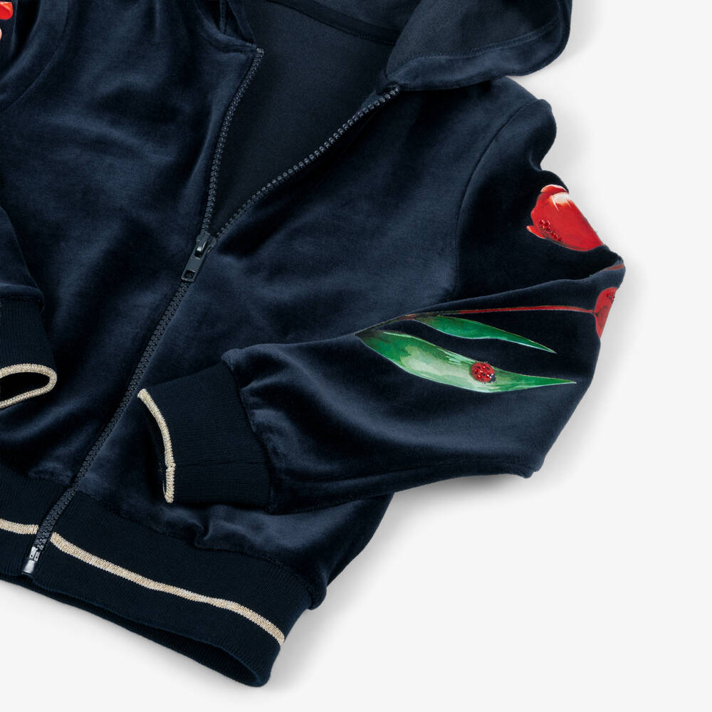Lapin House-Girls Navy Blue Velour Tracksuit with Red Flower Print | Childrensalon Outlet