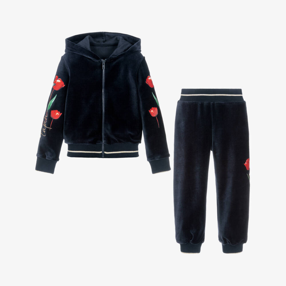 Lapin House-Girls Navy Blue Velour Tracksuit with Red Flower Print | Childrensalon Outlet