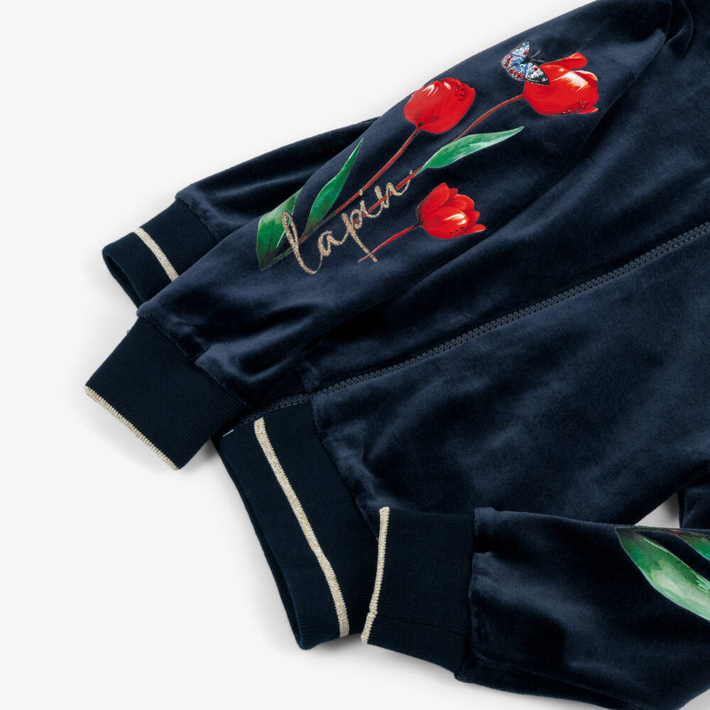 Lapin House-Girls Navy Blue Velour Tracksuit with Red Flower Print | Childrensalon Outlet