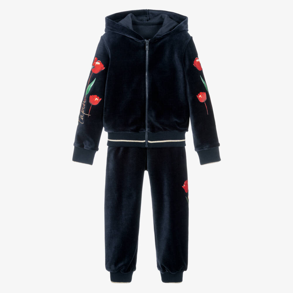 Lapin House-Girls Navy Blue Velour Tracksuit with Red Flower Print | Childrensalon Outlet