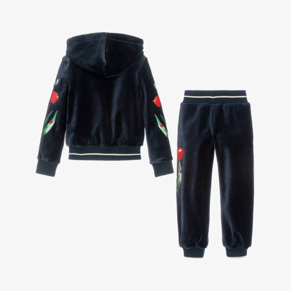 Lapin House-Girls Navy Blue Velour Tracksuit with Red Flower Print | Childrensalon Outlet