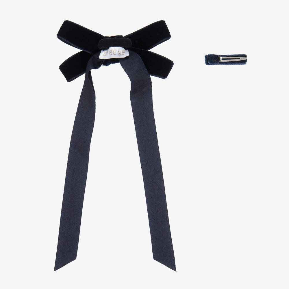 EIRENE-Girls Navy Blue Velvet Bow Hair Elastic & Clip (12cm) | Childrensalon Outlet