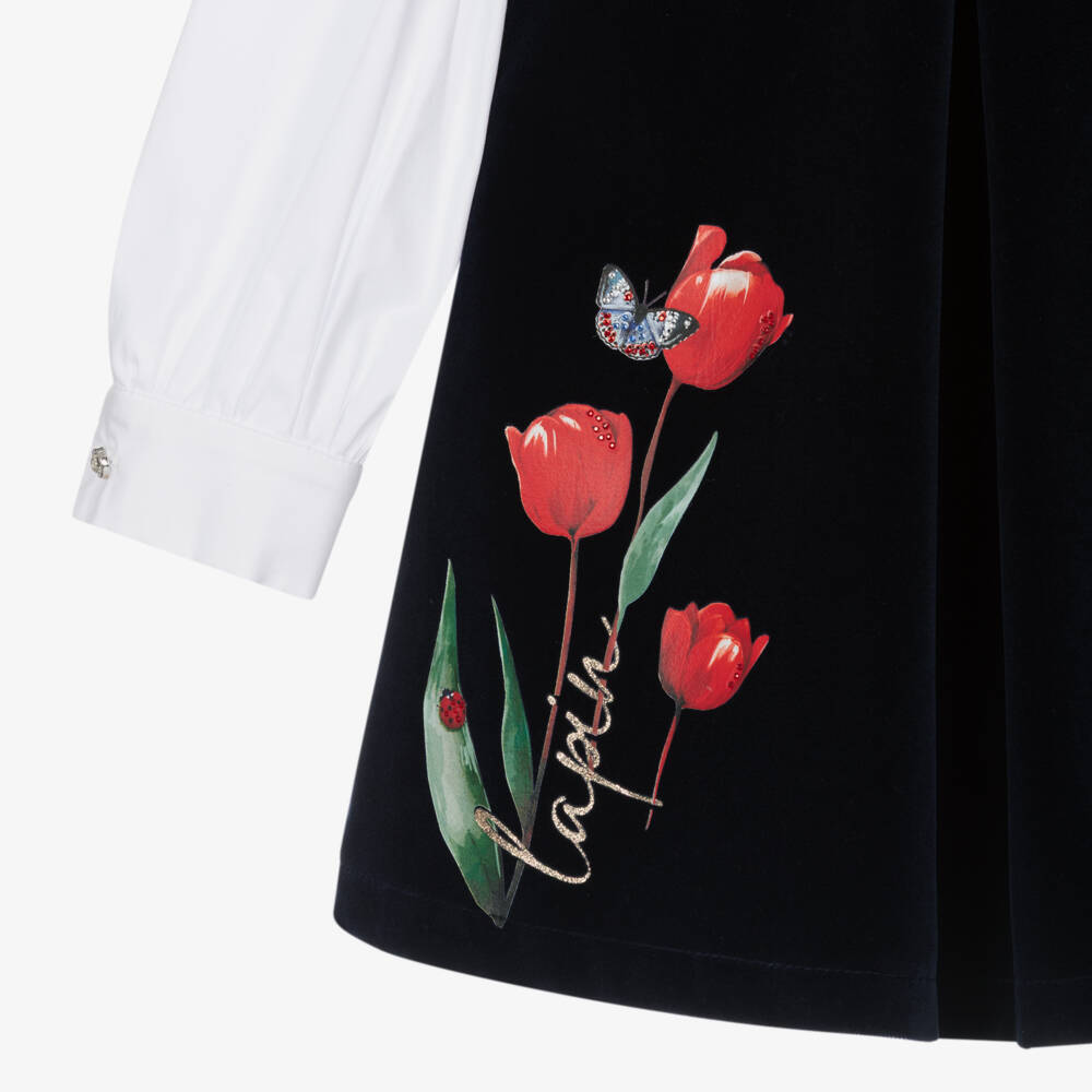 Lapin House-Girls Navy Blue Velvet Dress with Tulip Print | Childrensalon Outlet