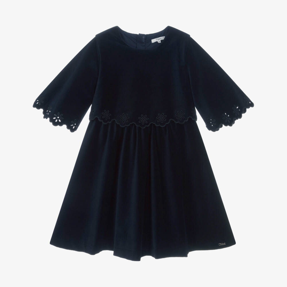 Chloé-Girls Navy Blue Velvet Scalloped Dress | Childrensalon Outlet