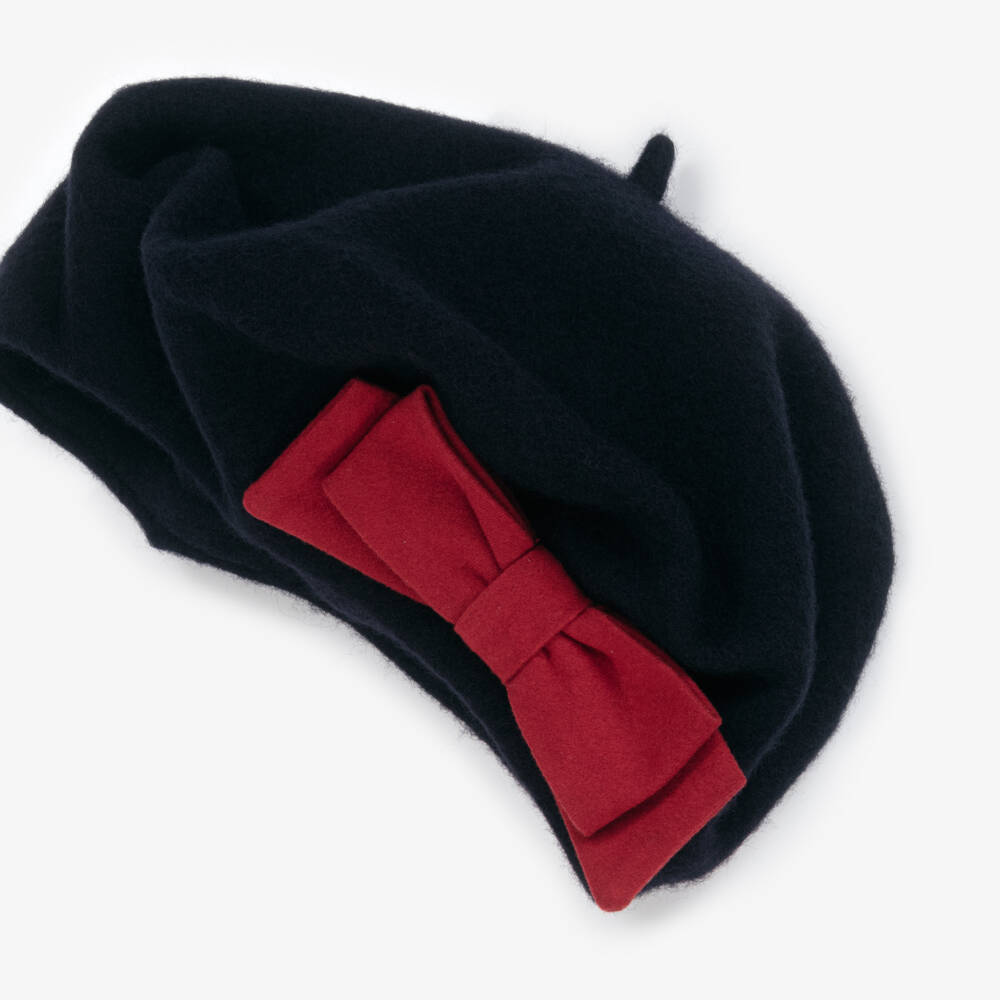 Patachou-Girls Navy Blue Wool Beret with Red Bow | Childrensalon Outlet