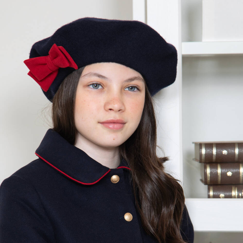 Patachou-Girls Navy Blue Wool Beret with Red Bow | Childrensalon Outlet