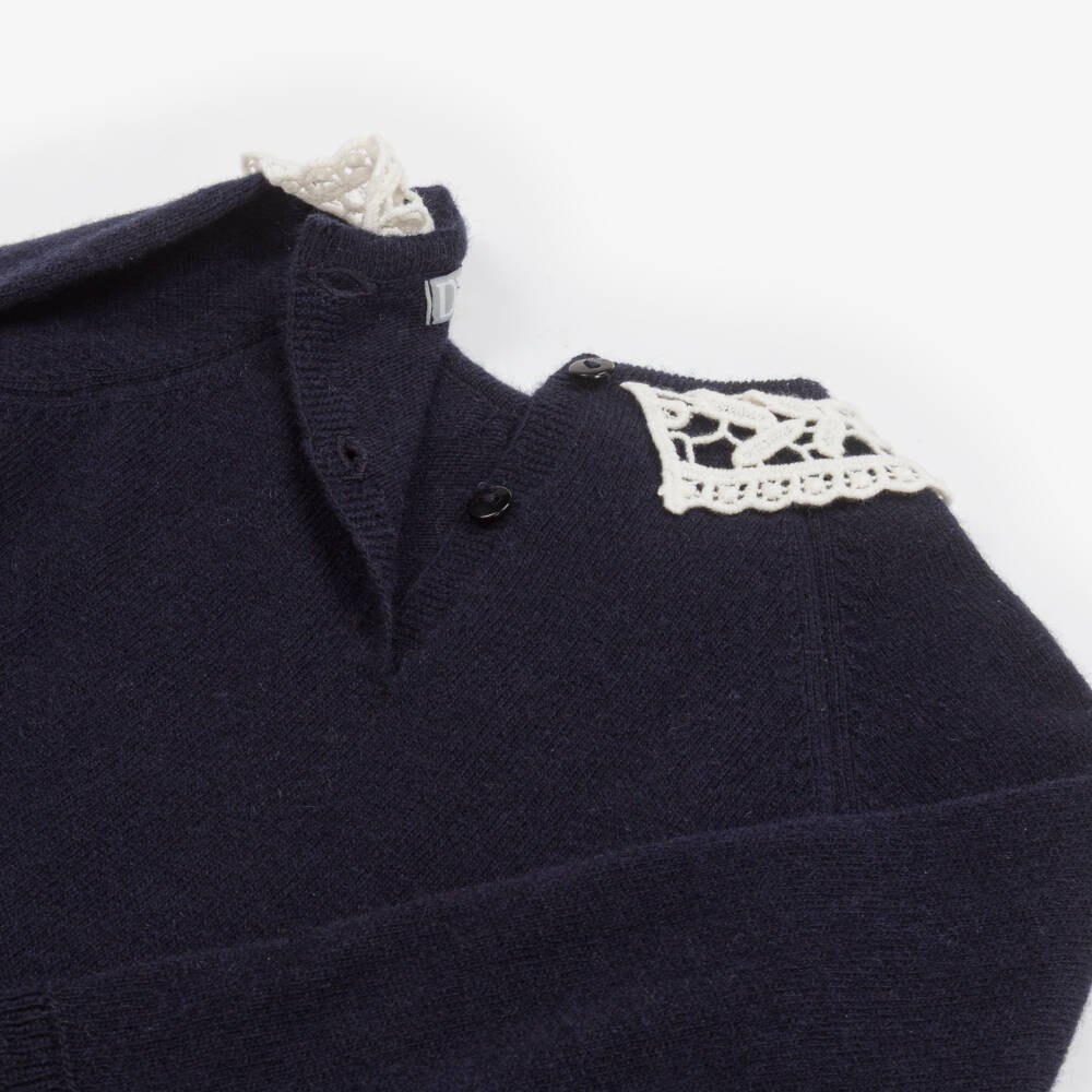 Dr. Kid-Girls Navy Blue Wool & Cotton Sweater with White Lace Collar | Childrensalon Outlet